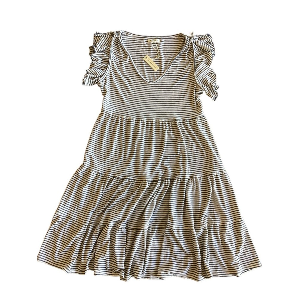 MAX STUDIO Women’s Large A-Line Dress Nautical Ivory Striped Stretchy NWT $98